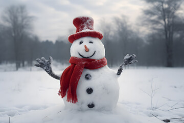 Fototapeta premium Merry christmas and happy new year greeting card with copy-space.Happy snowman standing in christmas landscape.Snow background.Winter fairytale.