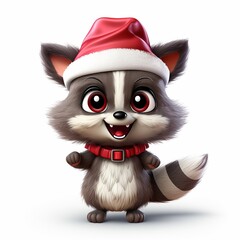 Kawaii cute raccoon in Santa hat at Christmas
