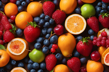 Naklejka na ściany i meble Früchte als Hintergrund , Von Orange bis Blaubeere . KI Generated