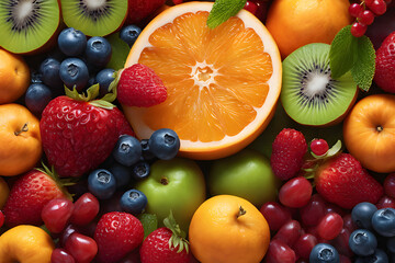 Früchte als Hintergrund , Von Orange bis Blaubeere . KI Generated - obrazy, fototapety, plakaty