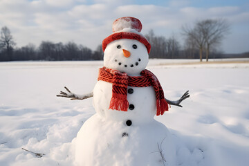 Obraz premium Merry christmas and happy new year greeting card with copy-space.Happy snowman standing in christmas landscape.Snow background.Winter fairytale.