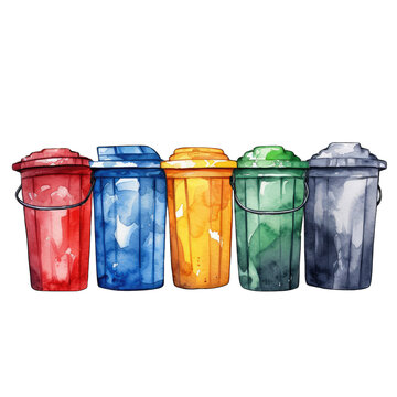 Line of rainbow colored trash cans - isolated on white. Watercolor style