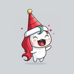 Kawaii cute unicorn in Santa hat at Christmas