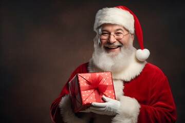 Smiling Santa Claus holding a Christmas's present.