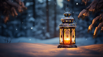 Christmas lantern light on snow background with fir branch in evening scene