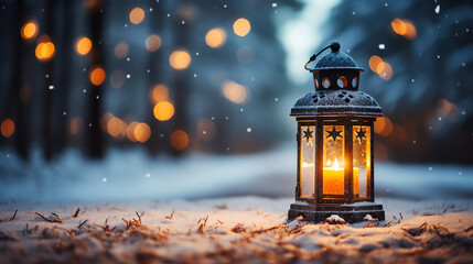 Christmas lantern light on snow background with fir branch in evening scene