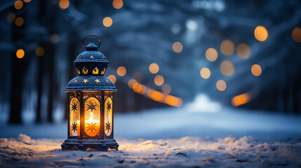 Christmas lantern light on snow background with fir branch in evening scene