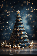 Christmas tree with an original shape in gold and minimal colour. In the background lots of little lights and blurry golden yellow balls. Christmas scene, warm and cozy atmosphere.