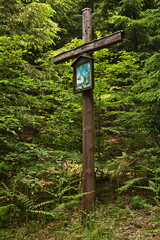 Wayside cross at the hiking trail from Jablonne nad Orlici to Orlicky, Usti nad Orlici District, Pardubice Region, Czech Republic, Europe
