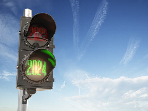 Traffic light with green light 2024 and red 2023 on sky background. Start New 2024 Year concept. 3d illustration