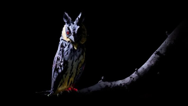 Bat Creature with Red Eyes in the night 4K features an A.I. Generated video of a creature that is a cross between an owl and a bat sitting on a branch and staring out at the viewer. 