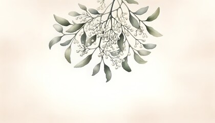 Delicate Mistletoe on Soft Beige Watercolor Wash