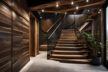 Timber stairwell and stone-clad wall in a rustic corridor. Welcoming interior design of a contemporary foyer with an entrance door.
