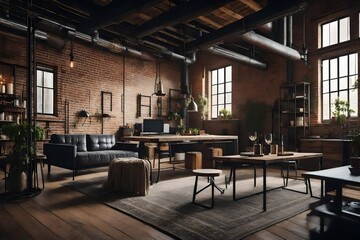 rustic industrial loft apartment with  brick walls and vintage furnishings.