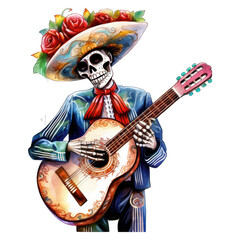 Skeleton sugar skull playing guitar in a mariachi band for Day of the Dead. Isolated on white transparent background