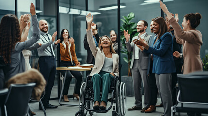 Diverse business people, teamwork colleagues having, social inclusion with disabled person friends talk,happy businesswoman in wheelchair going through reports while working female. - obrazy, fototapety, plakaty