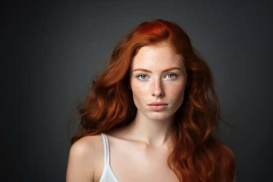 Portrait of beautiful young red haired model photo on solid studio background