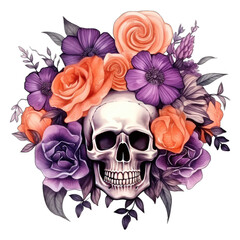 Skull flower arrangement, Halloween. Isolated on transparent background. Orange and purple roses and flowers