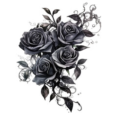 Bouquet of black roses, gothic. Isolated on white background