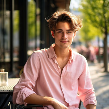 Young man sitting on a café terrace, wearing a pale pink shirt, in a sunny day, smiling