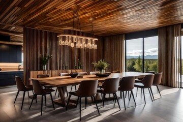 Transport yourself to a sleek, modern dining room where brown leather chairs complement a wooden table beneath an abstract wood ceiling. How does the design evoke simplicity and elegance.