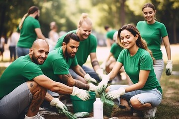 A diverse group of volunteers, young and old, joins forces in a cheerful act of altruism, cleaning up the park, collecting garbage, and caring for the environment in a selfless community effort. - obrazy, fototapety, plakaty