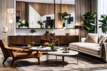"Two inviting brown lounge chairs stand beside a white sofa and round coffee tables in a contemporary living room. Delve into the mid-century design aesthetics, featuring a captivating marble wall.