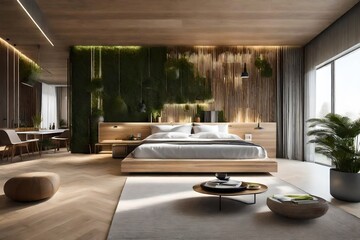 sustainable aspects of Minimalist Interior Design, including the use of eco-friendly materials and minimalist approaches to energy efficiency. - obrazy, fototapety, plakaty
