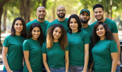 Fototapeta premium A diverse group of volunteers, young and old, joins forces in a cheerful act of altruism, cleaning up the park, collecting garbage, and caring for the environment in a selfless community effort.