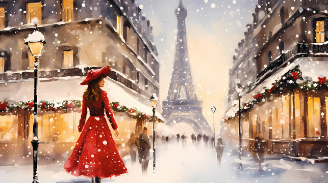 Illustration of the city of Paris at Christmas, France