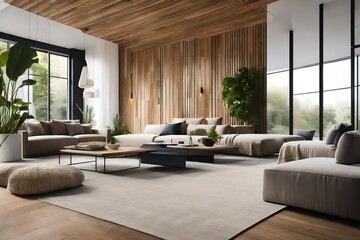 sustainable aspects of Minimalist Interior Design, including the use of eco-friendly materials and minimalist approaches to energy efficiency. - obrazy, fototapety, plakaty