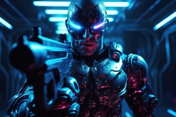  In a futuristic world, a cybernetic soldier, equipped with high-tech helmet and weapon, stands ready for action under the blue neon glow, blending science fiction and warfare - obrazy, fototapety, plakaty