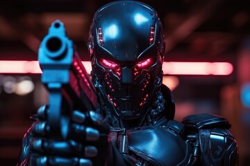  In a futuristic world, a cybernetic soldier, equipped with high-tech helmet and weapon, stands ready for action under the blue neon glow, blending science fiction and warfare