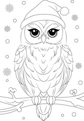Coloring page snowy owl perched on a tree branch with a Santa hat. Christmas colouring page