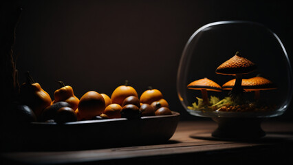 Mushroom incubator with dark background - obrazy, fototapety, plakaty