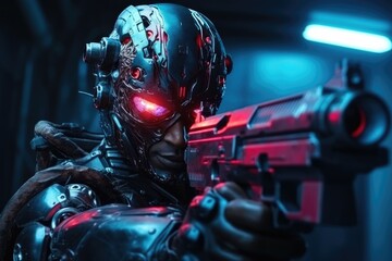 Fototapeta premium In a futuristic world, a cybernetic soldier, equipped with high-tech helmet and weapon, stands ready for action under the blue neon glow, blending science fiction and warfare