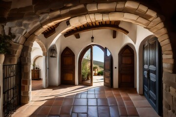 In the heart of a rustic farmhouse, picture a grand arched doorway leading to a modern Mediterranean hallway. Detail the fusion of old-world charm and contemporary design elements.