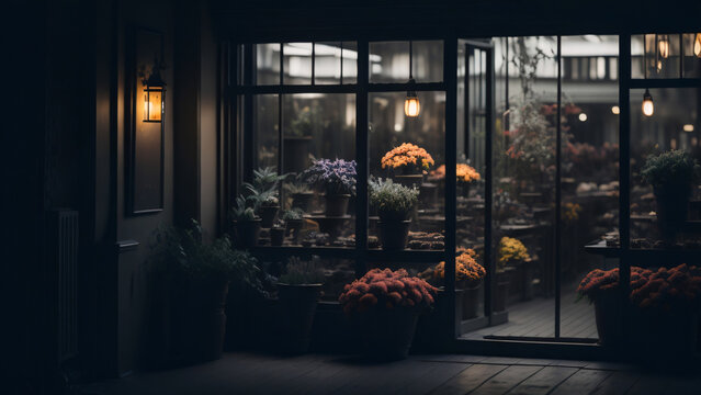 Low light source at night Nobody's flower store