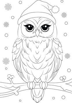 Coloring page snowy owl perched on a tree branch with a Santa hat. Christmas colouring page