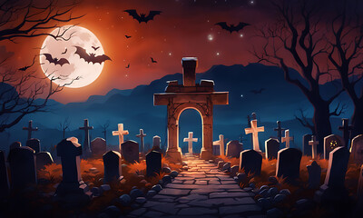 Halloween night mystery graveyard background with pumpkin