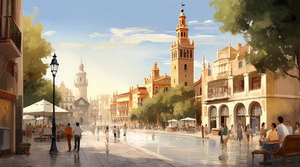 Obraz premium Illustration of beautiful view of the city of Sevilla, Spain