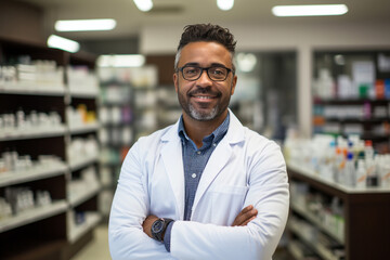 Portrait of smiling friendly African American male professional pharmacist, arms crossed in lab white coat standing in pharmacy shop or drugstore in front of shelf with medicines. Health care concept. - obrazy, fototapety, plakaty