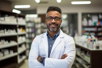 Ingelijste posters Portrait of smiling friendly African American male professional pharmacist, arms crossed in lab white coat standing in pharmacy shop or drugstore in front of shelf with medicines. Health care concept. © Valeriia
