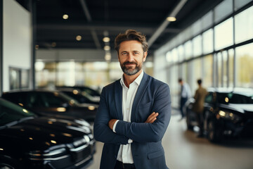 Smiling friendly car seller dressed in suit standing in car salon showroom showing around cars. Salesman with hands crossed look into camera. Successful luxury automobile business concept - obrazy, fototapety, plakaty