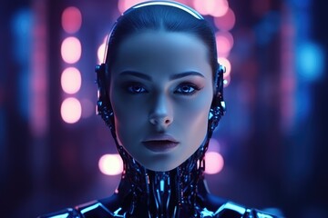 In a futuristic world, a beautiful female cyborg model with metallic features and glowing red and blue accents showcases the perfect blend of technology and glamour - obrazy, fototapety, plakaty