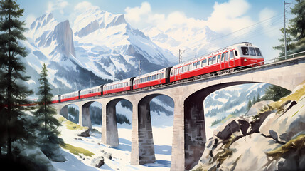 Illustration of Glacier express in the Alps, Switzerland - obrazy, fototapety, plakaty