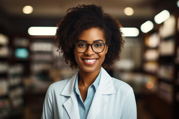 Health care concept. African American friendly smiling female woman professional pharmacist with arms crossed in lab white coat standing in pharmacy shop or drugstore in front of shelf with medicines - obrazy, fototapety, plakaty