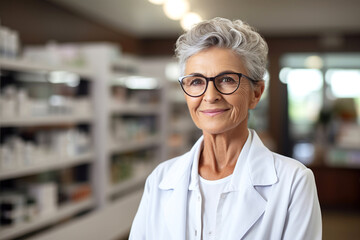 Friendly senior female woman professional pharmacist with arms crossed in lab white coat standing in pharmacy shop or drugstore in front of shelf with medicines. Health care concept. - obrazy, fototapety, plakaty
