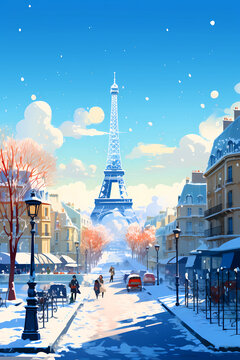 Illustration of the city of Paris at Christmas, France