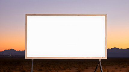 Blank billboard on a tripod in the desert with sunset sky. Generative ai
